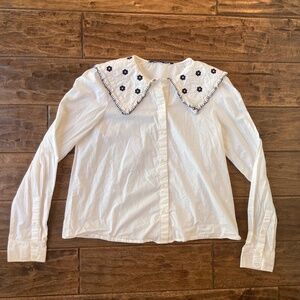 Zara Poplin White Embroidered Blouse Size Small Peter Pan Collar 100% Cotton